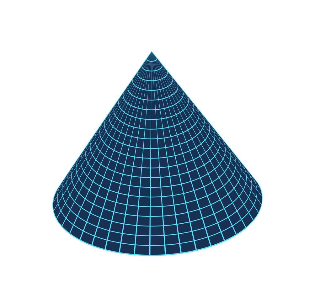 Cyberpunk 3d grid cone, brutal art abstract mesh shape object, futuristic trendy 3d wireframe structure icon, vaporwave geometric net form graphic, 90s retro neon grid pattern element illustration. vector