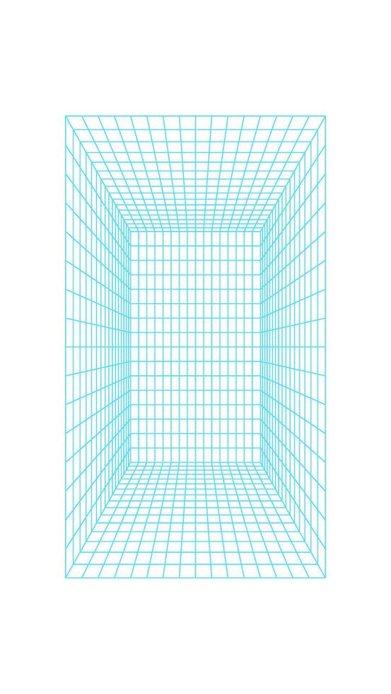 Perspective 3d wireframe tunnel, brutal art abstract mesh pattern shape graphic, cyberpunk neon wire frame figure icon, futuristic geometric grid element object. vector