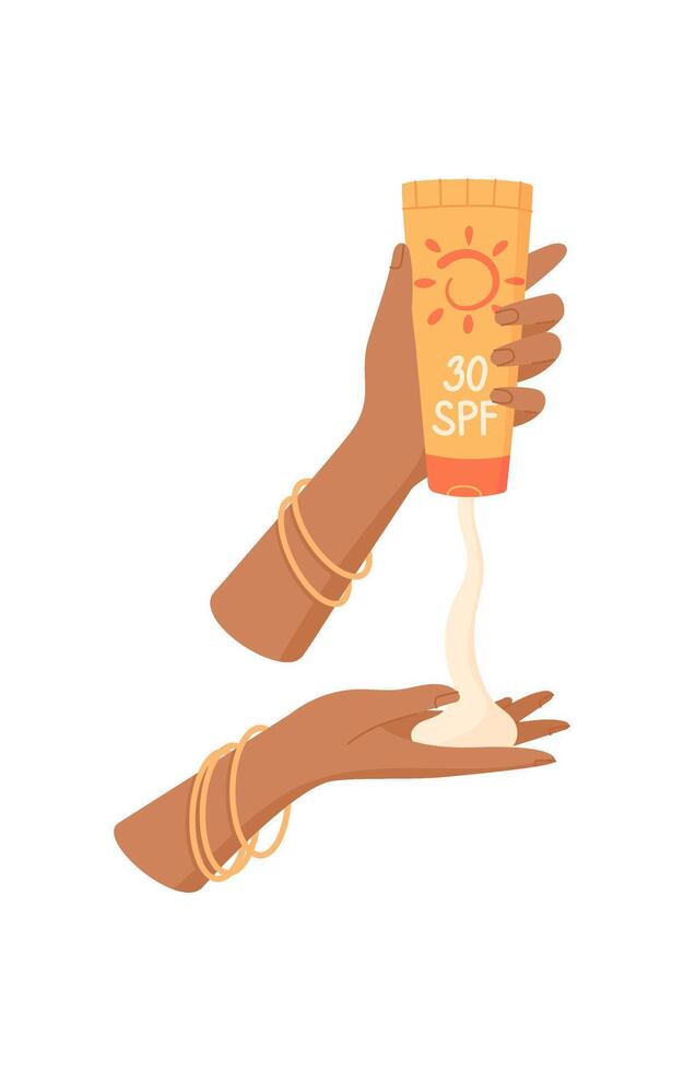 Hand use sun block cream tube, creative sun protection factor cream container, spf oil bottle, flat uv block moisturizer product, cartoon solar screen lotion tube, vector