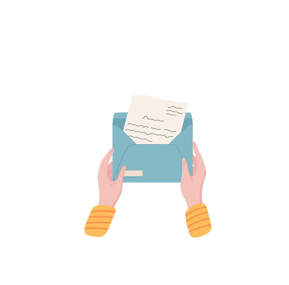 Open envelope with letter and message inside, held by girl hand. Concept of communication, love, and correspondence. Flat style, ideal for stationery creative projects. vector
