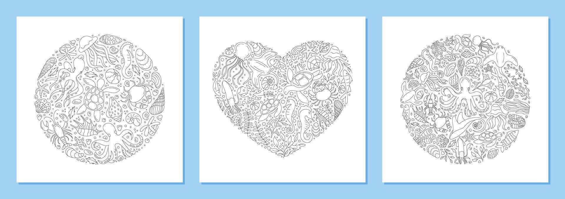 Underwater heart and circle concept design. Marine silhouette with fish, aquatic plants, and sea life in outline style. Abstract ocean world, seamless doodle texture, ideal for aquatic backgrounds or vector