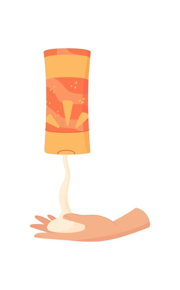 Hand squeeze sun block lotion tube, creative spf cream bottle, cartoon sunscreen oil pack, flat solar block cosmetic tube, sun protection factor moisturizer container, vector