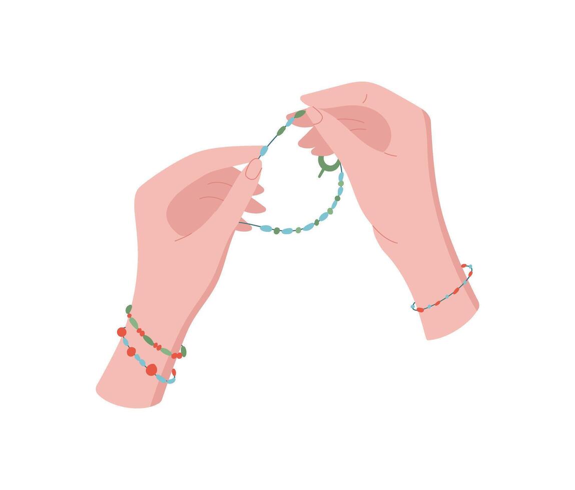 Hands create a colorful bracelet using beads and tools. Engaging in a fun DIY activity, this image showcases the craft of making. Suitable for workshops, classes, and children's creative projects. vector