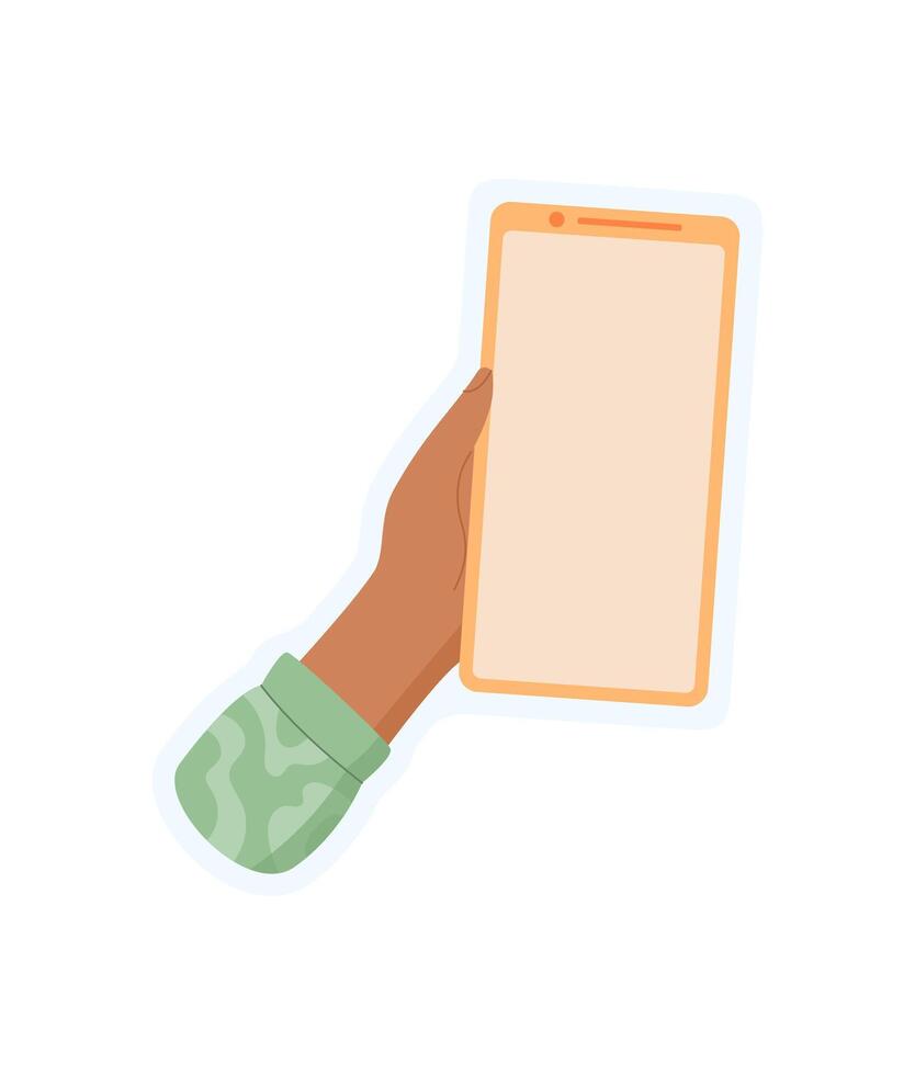 Hand holding smartphone. Gesture of a user with a mobile device. Simple blank sticker design, digital concept, ideal for app templates or promotional media. vector