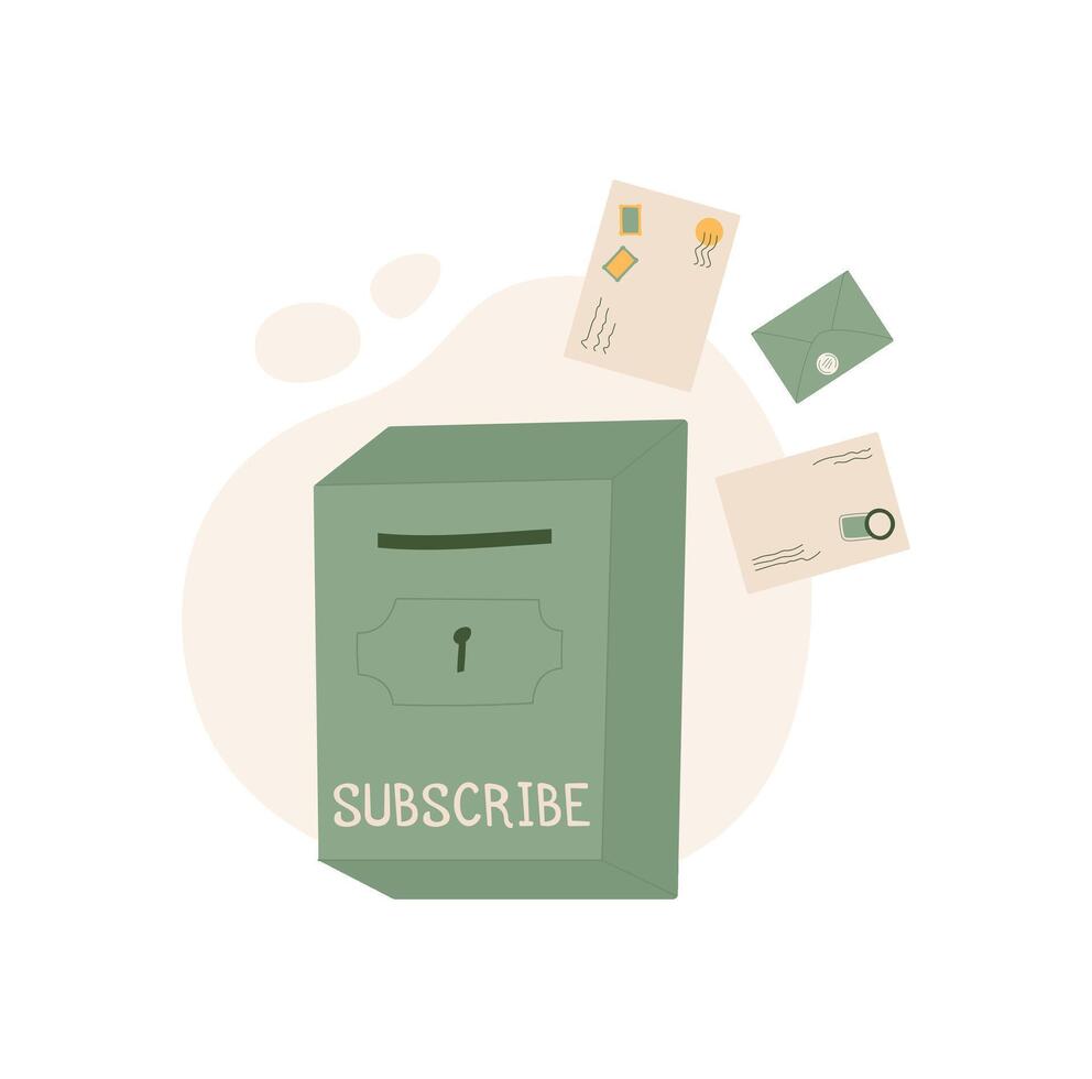 Cartoon mailbox with letters, postcards, and envelopes scattered around. Icon of communication and delivery in flat style. Suitable for stationery, greeting cards, creative projects. vector