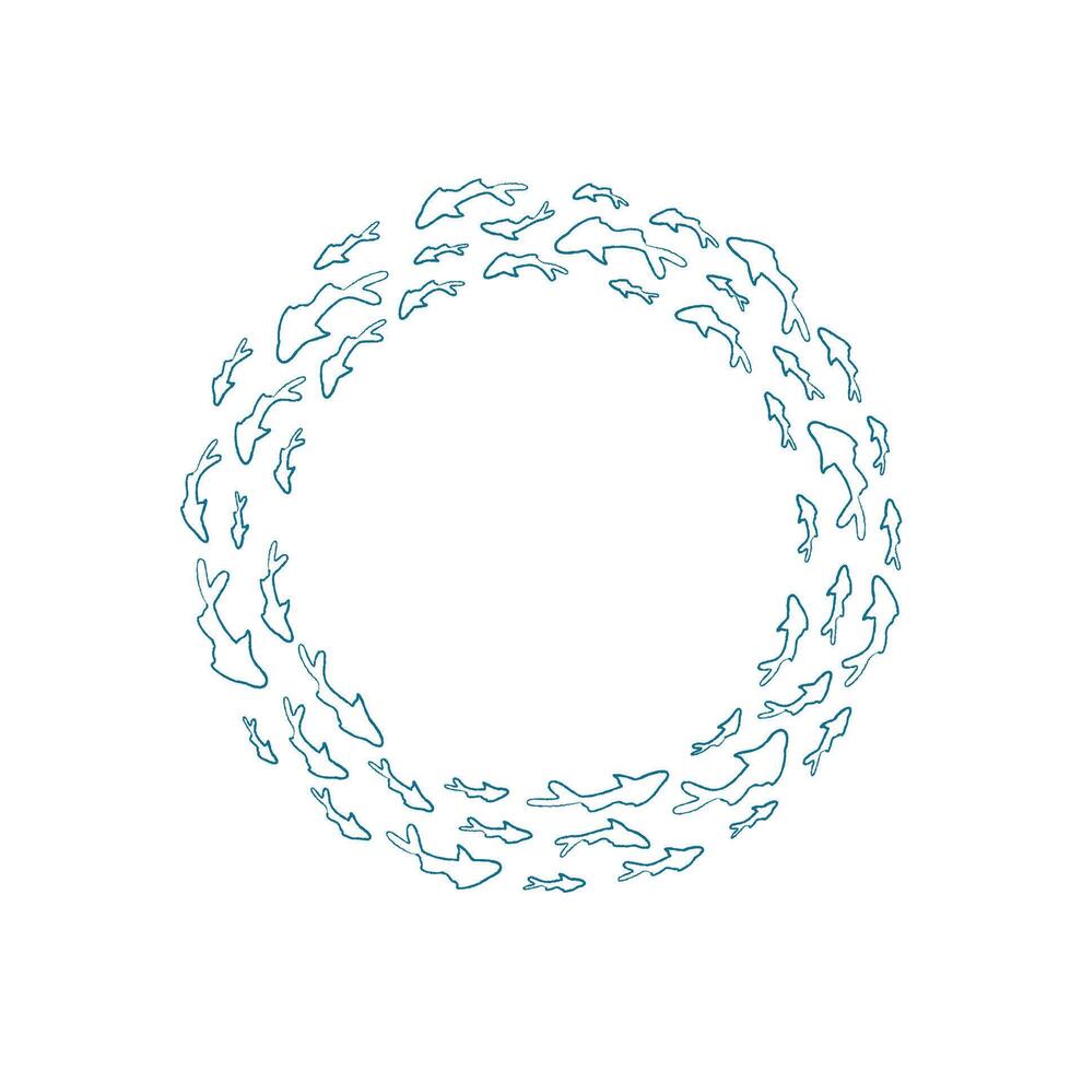 Chalk silhouette fish school. A group of aquatic creatures swim in a round pattern. Underwater life, ocean theme, cartoon graphic style, perfect for marine projects. vector