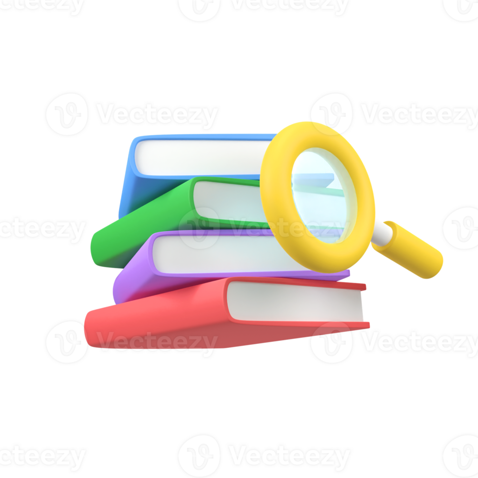 Books with Magnifying isolated 3d render icon illustration png
