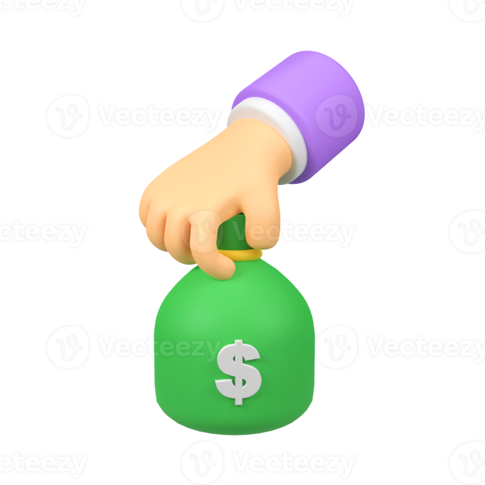 Hand and money bag with dollar isolated 3d render icon illustration png