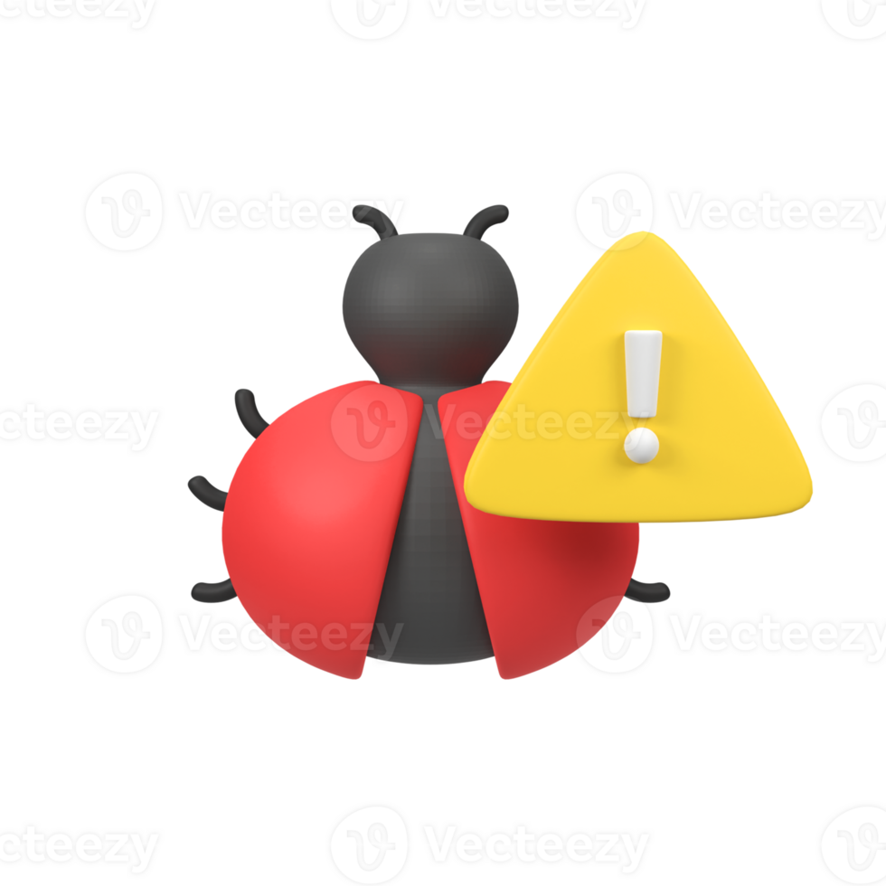 Bug with warning symbol isolated 3d render icon illustration png