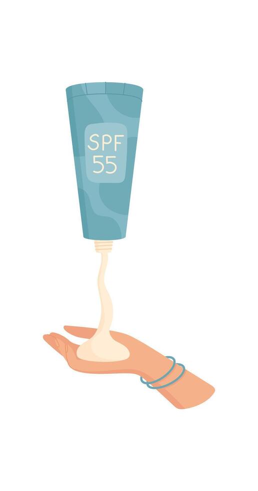 Hand squeeze sun screen cream tube, flat sun screen cream container, uv protection cosmetic product, cartoon solar block lotion tube, creative spf moisturizer bottle, vector