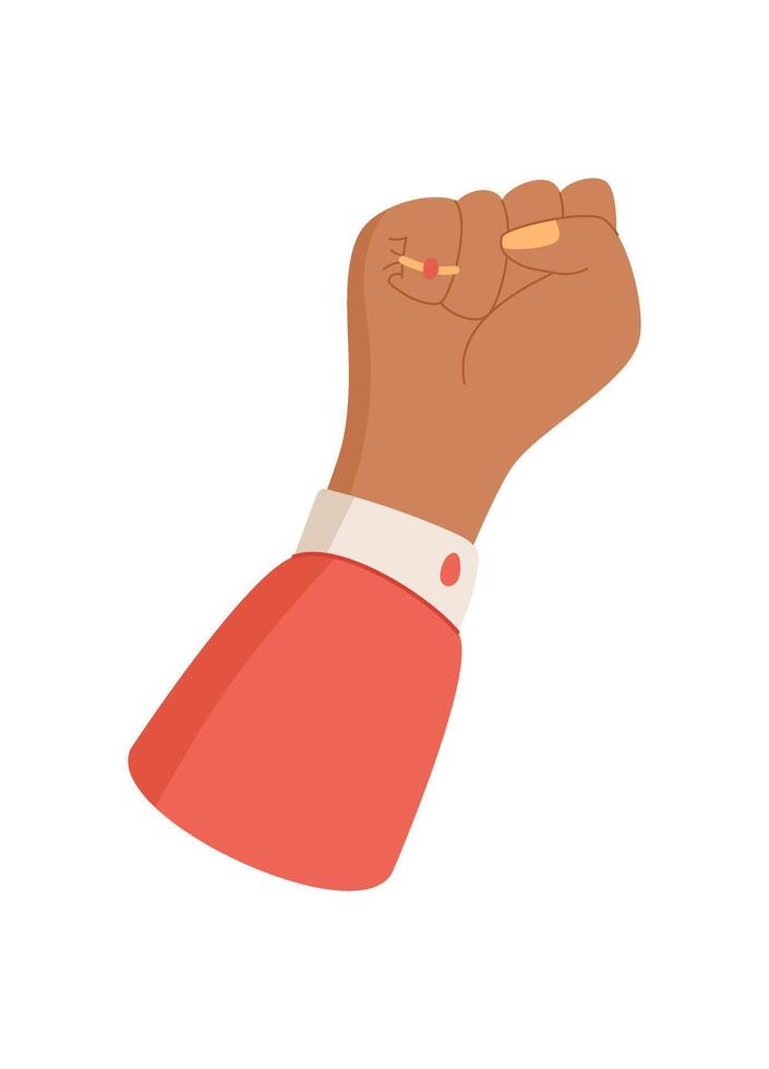 Man fist power sign, right activist hold revolution fist, character raise solidarity arm, human show up protest gesture, man holds support sign, person holding strength symbol, vector