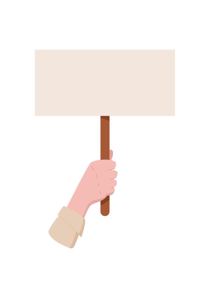 Man hand holds sign, man holding protest flag, hand hold empowerment banner, character show up demonstration poster, right activist parade revolution placard, people raise strike board, vector