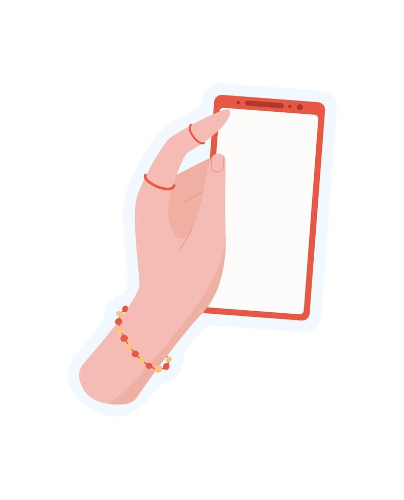Hand holding a smartphone sticker. Person holds a mobile device in palm. Blank screen, flat design, modern template, suitable for use in social media and communication applications. vector