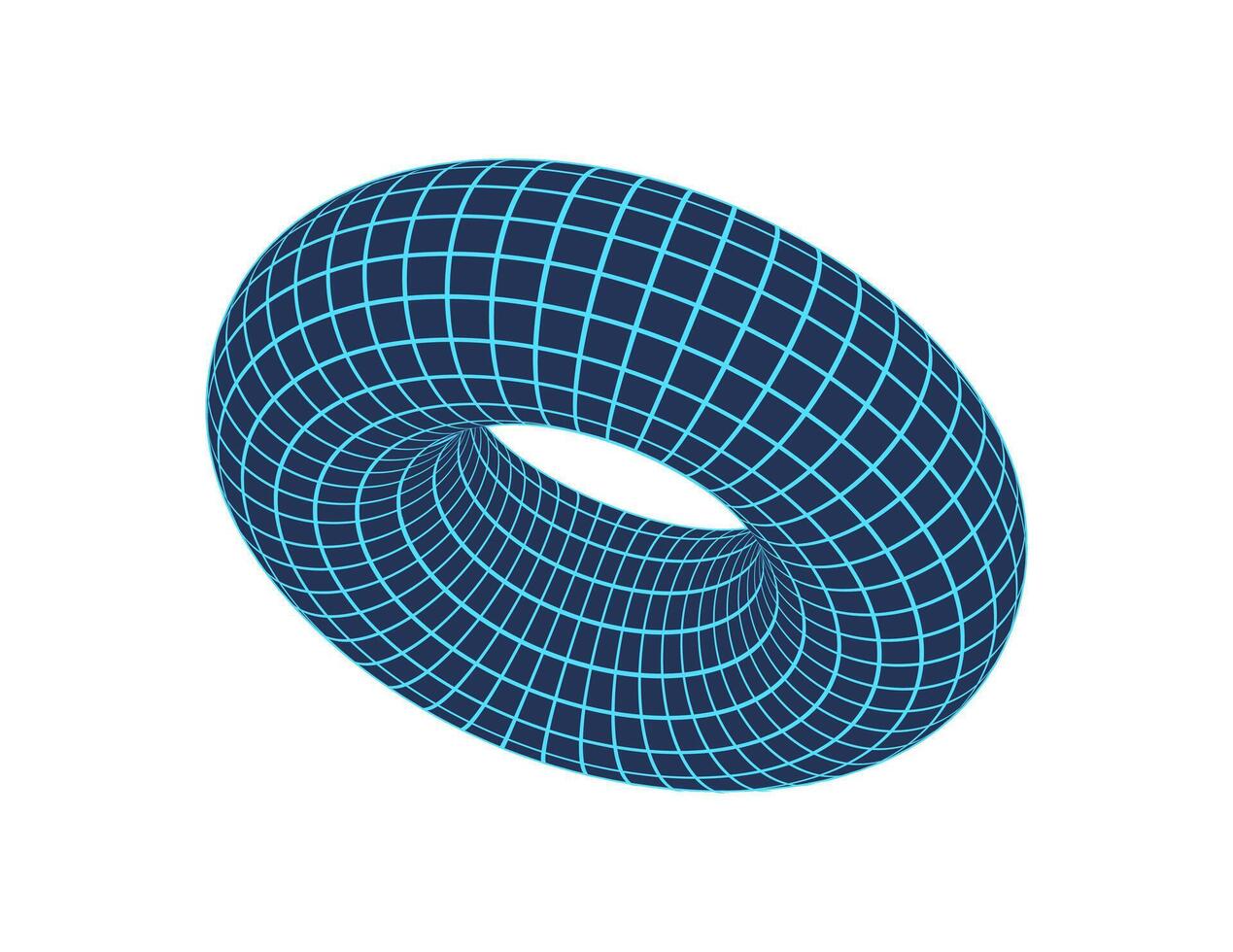 Geometric 3d mesh donut, futuristic abstract mesh pattern form graphic, cyberpunk geometry net shape illustration, brutal art neon wire frame structure object. vector