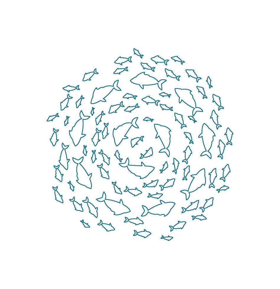 outline fish school silhouette. Group of aquatic creatures in a swirling pattern. Marine life in the ocean, doodle style, ideal for summer designs or educational materials. vector