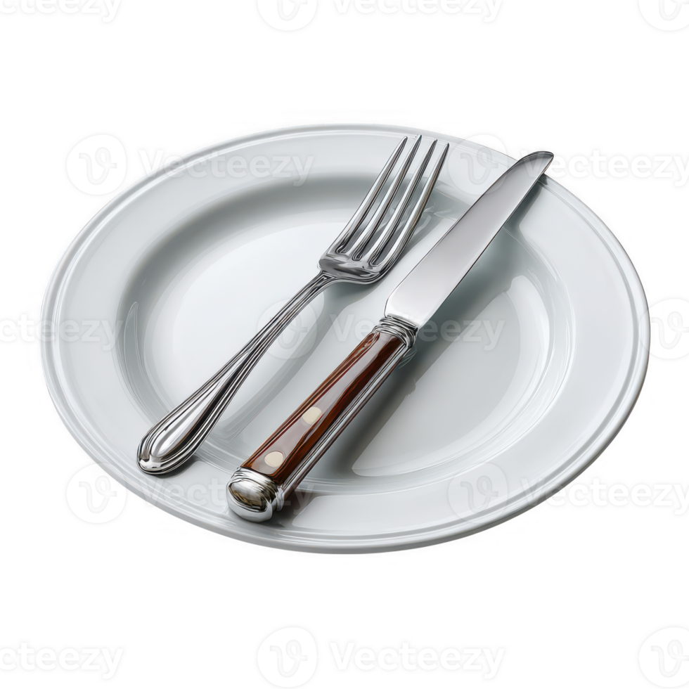 Silverware on white plate isolated on transparent background png
