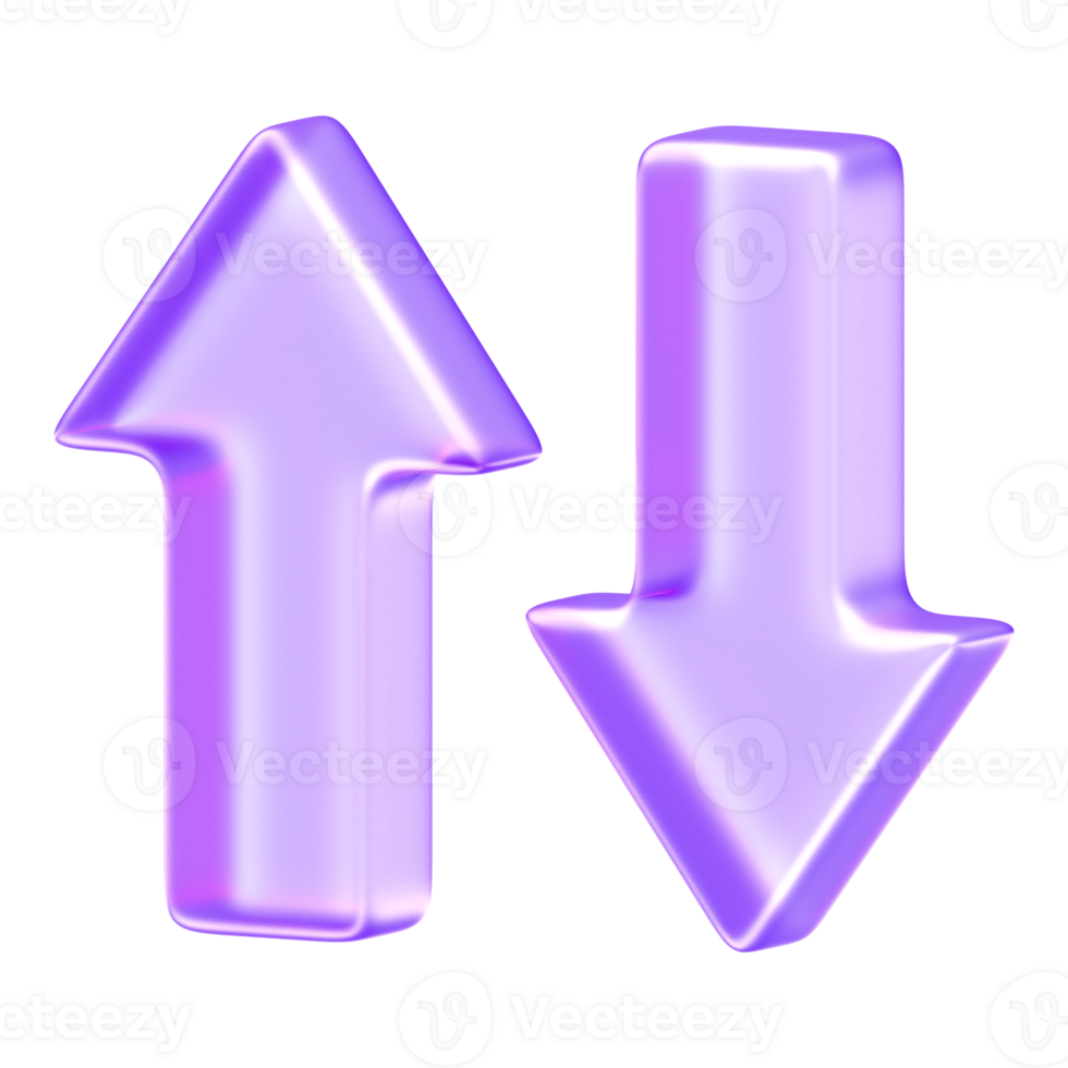 Minimal glassmorphism arrows pointing up and down representing direction, navigation, or data flow, 3d rendering png