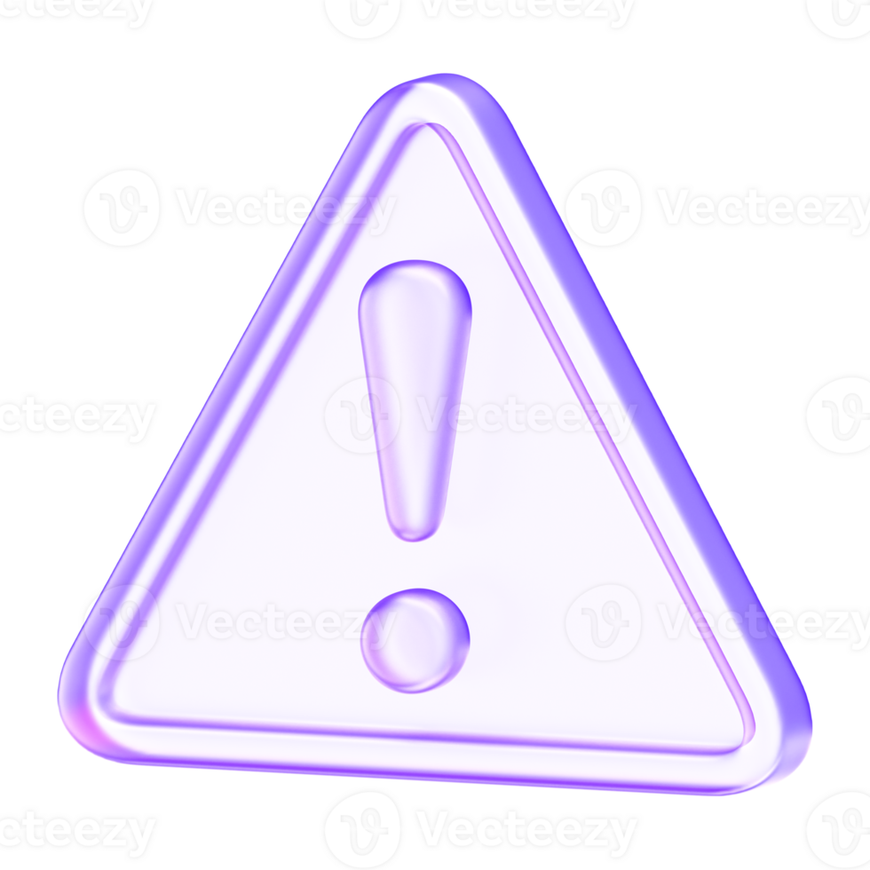 Minimal glass style warning icon in purple tones, representing caution, alert, danger, or system notifications in digital environments png