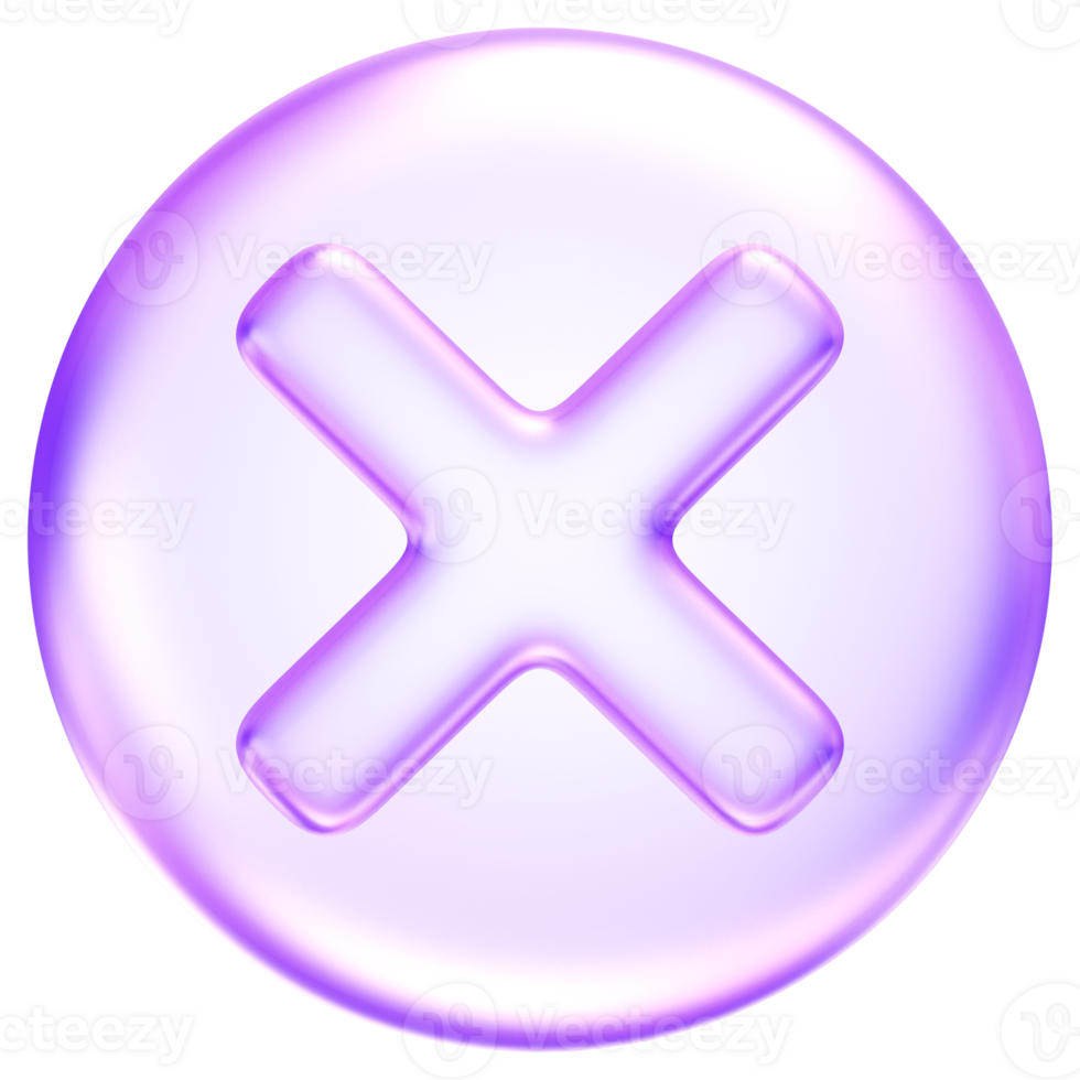 Cancel icon in glossy glassmorphism style, representing rejection, close, or incorrect status in apps and interfaces, 3d rendering png