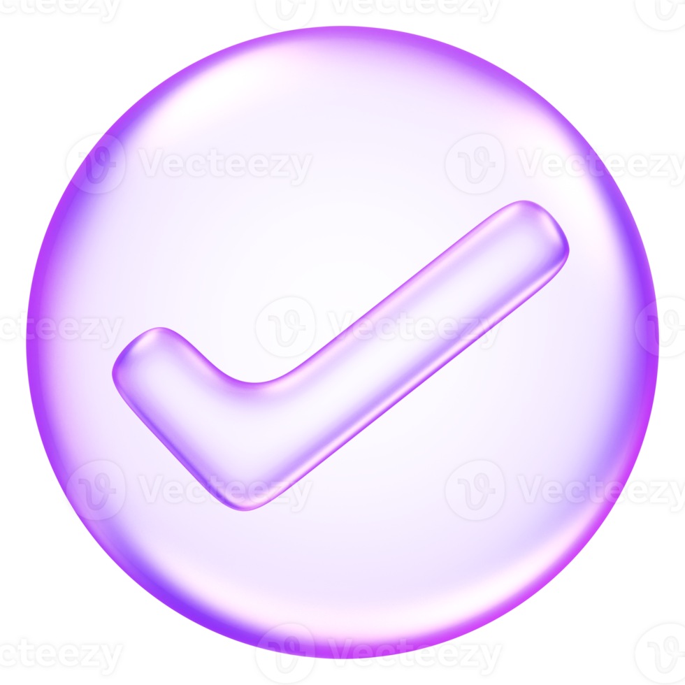Confirm icon in purple glassmorphism style, used to represent approval, completion, or correct action in digital interfaces, 3d rendering png