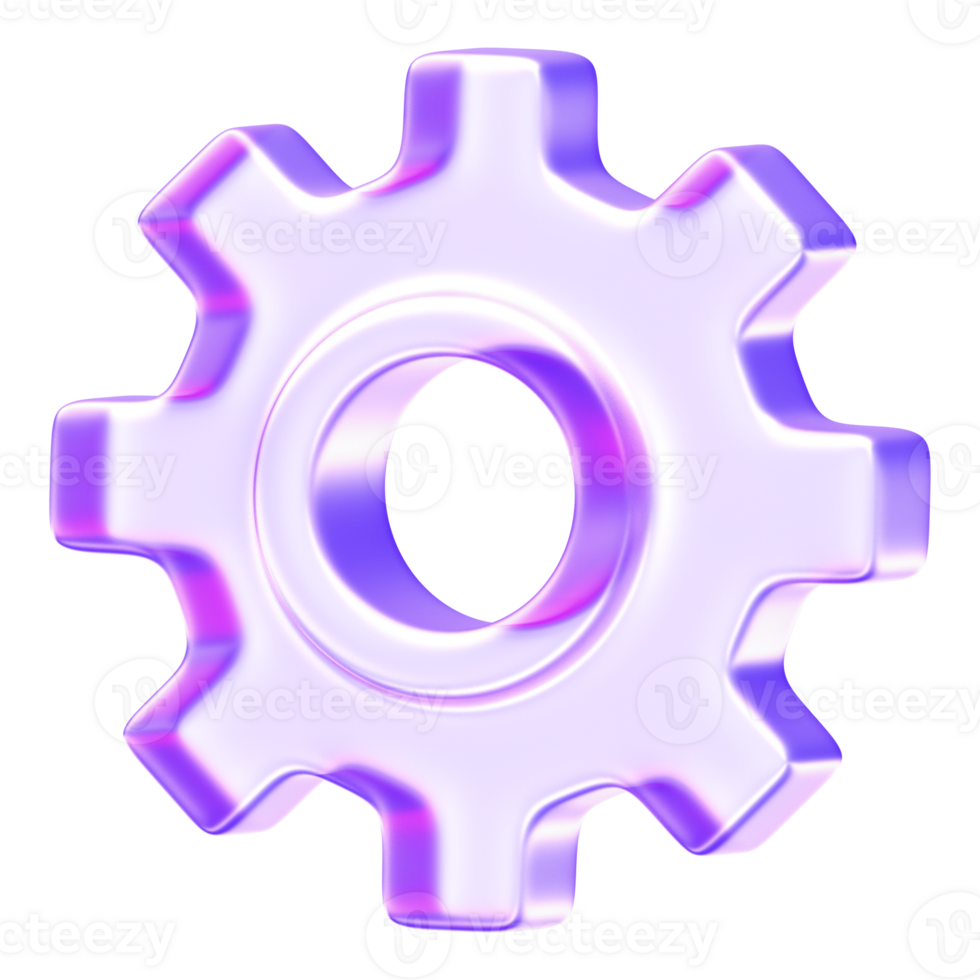 Minimal glassmorphism gear icon representing settings or configuration in modern digital interfaces, purple glass gear cog setting options mechanism, 3d rendering png