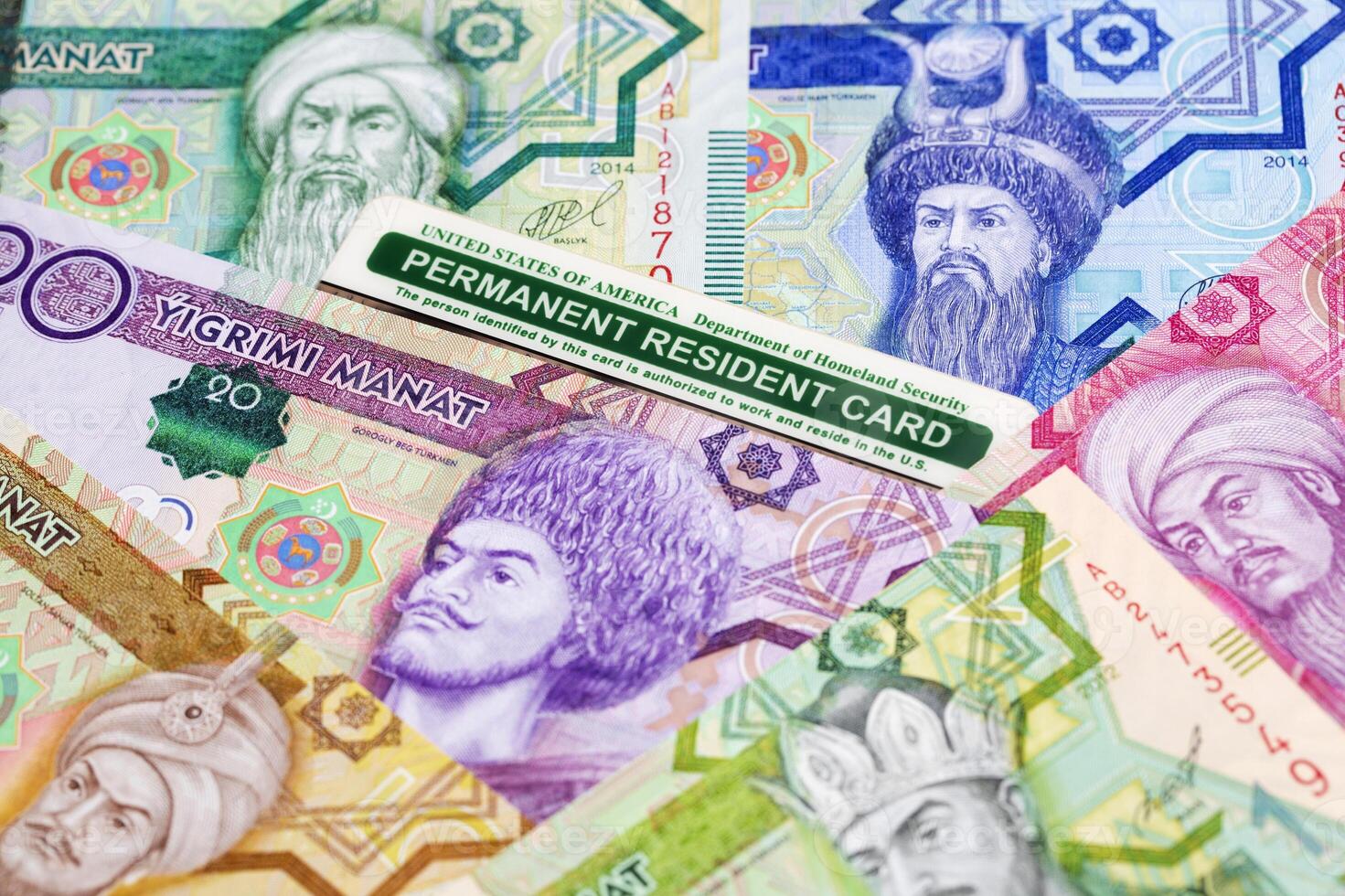 American permanent resident card on Turkmen Manat photo