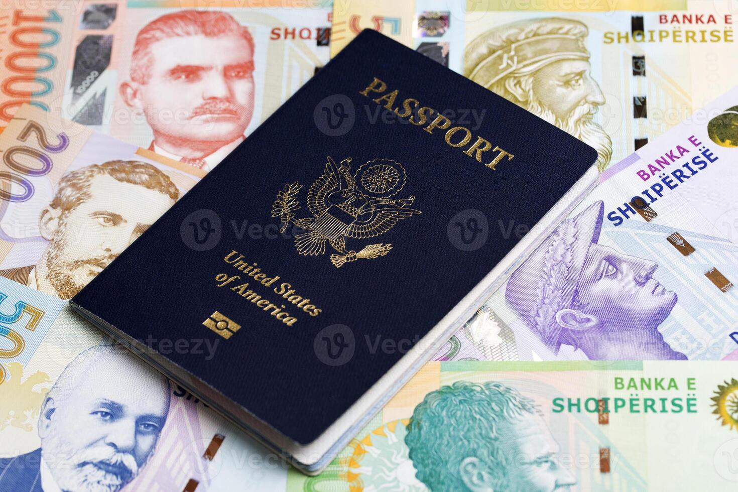 American passport on Albanian Lek photo