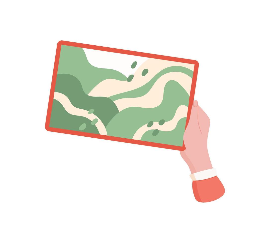Hand holds a tablet displaying a map. A character uses digital device to draw and navigate. This simple tool enhances user experience, ideal for communication, applications, and modern technology. vector