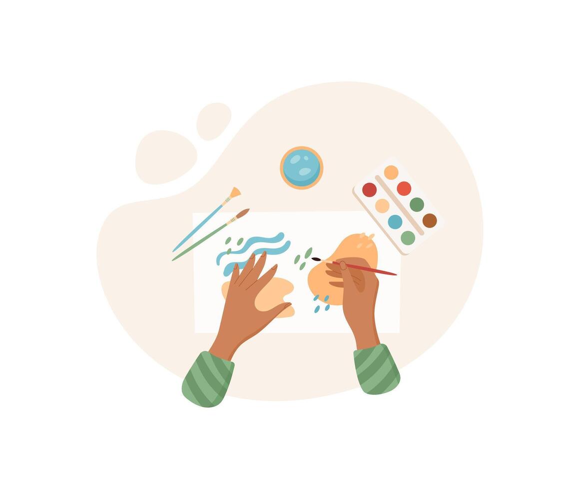 Hands of children create watercolor artwork on paper with brushes. Engaging activity in school workshop promotes creativity and art skills. Concept of DIY craft, flat visual style, ideal for vector