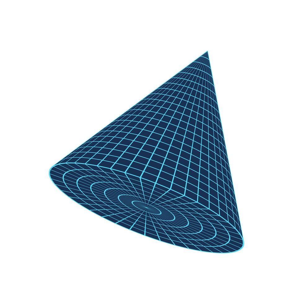 Y2k 3d wireframe cone, futuristic abstract wire frame shape object, vaporwave geometry mesh form symbol, y2k geometric net pattern structure graphic, cyberpunk neon 3d wireframe figure icon. vector