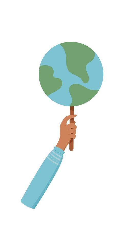 Hand holds earth sign, character hold ecology support planet symbol, right activist holds environmental strike poster, person holding revolution placard, people show up protest board, vector