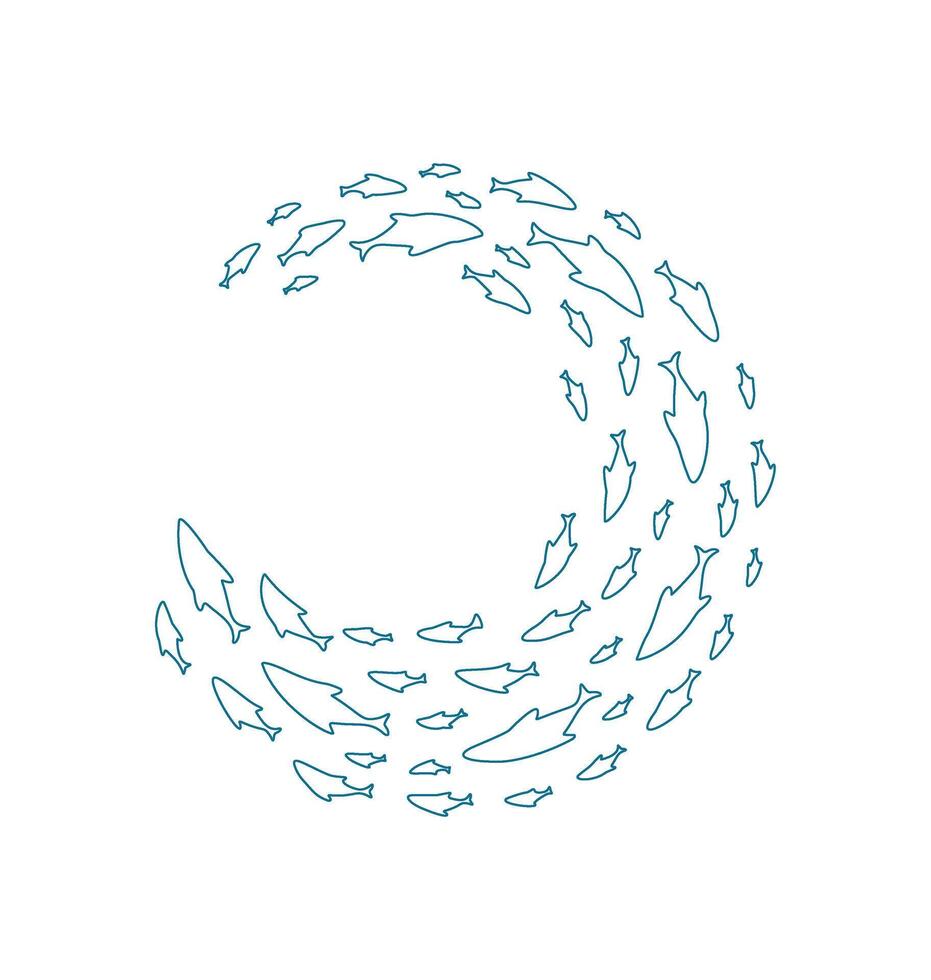 outline fish school pattern. Many aquatic creatures swim in the ocean. Underwater silhouette with a round shape, flat texture, cartoon graphic style, ideal for summer designs. vector