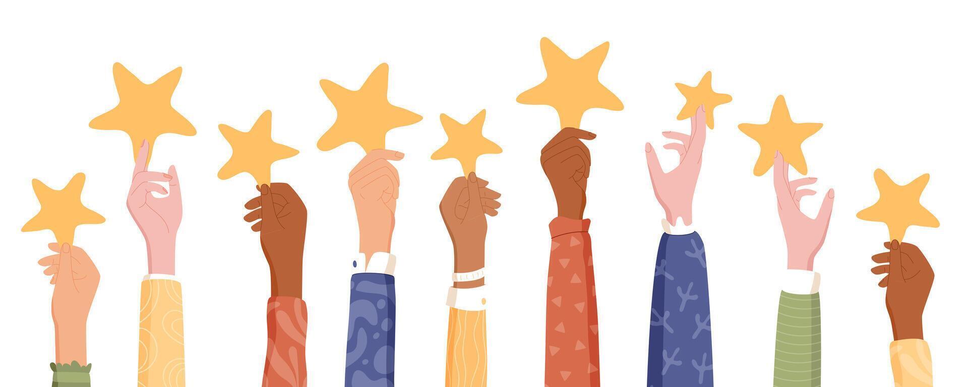 Customer hands holding five stars in creative cartoon graphic style. Positive feedback and review show satisfaction and quality. Clients rate service survey, modern layout for business concept. vector