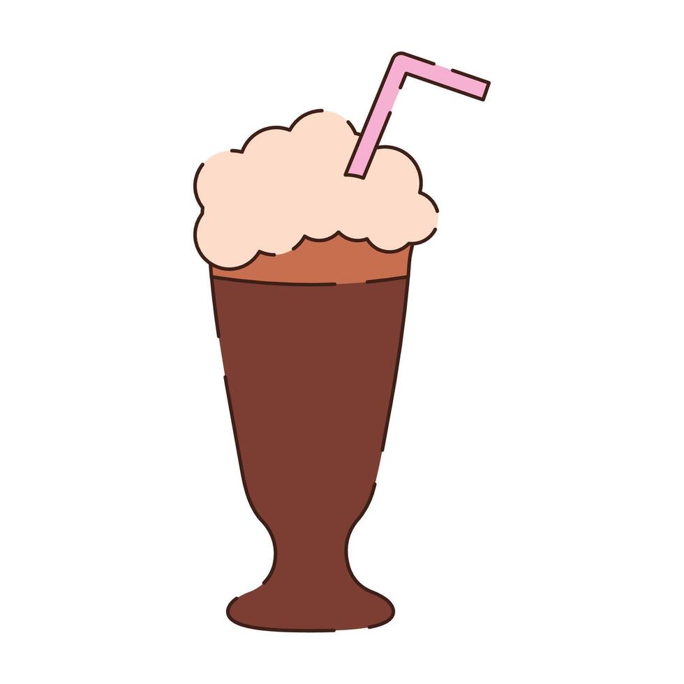 A glass with a milkshake and a pink straw. The glass has a classic shape with a wide top and a narrow base. vector