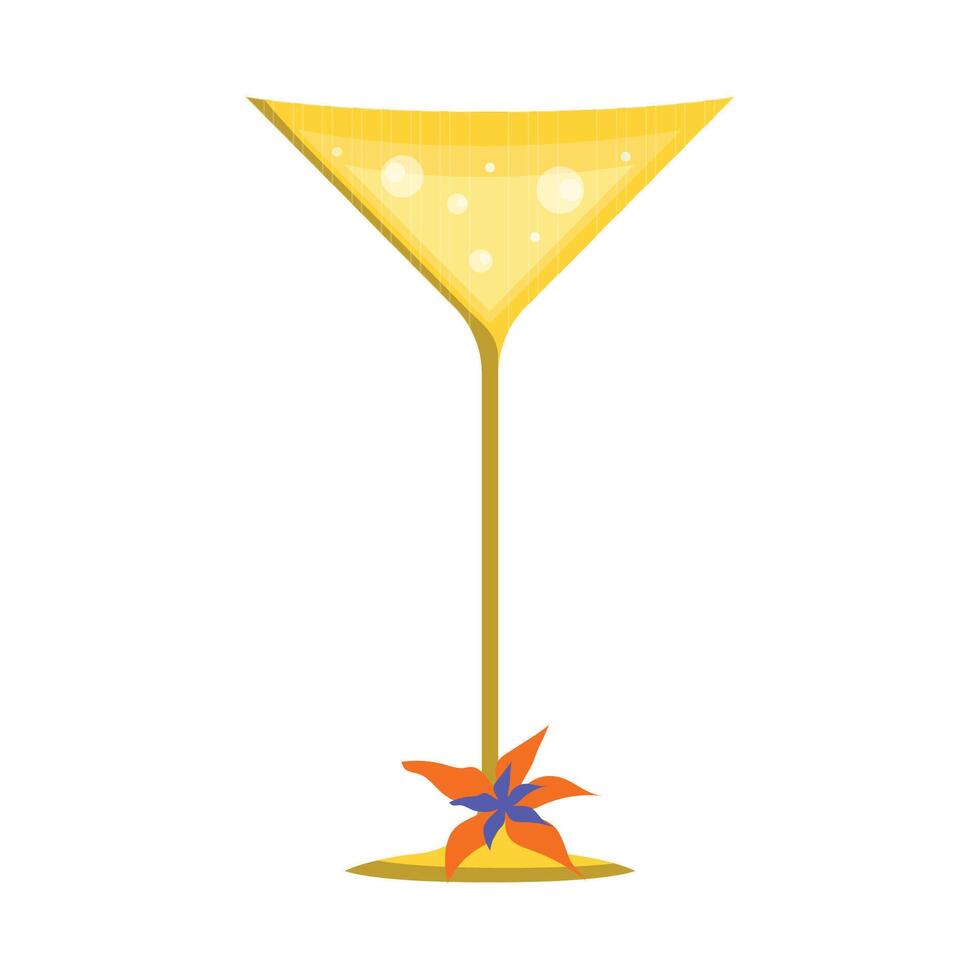 Illustration of a yellow glass with a drink on a thin stem with a blue and orange flower on a white background. vector
