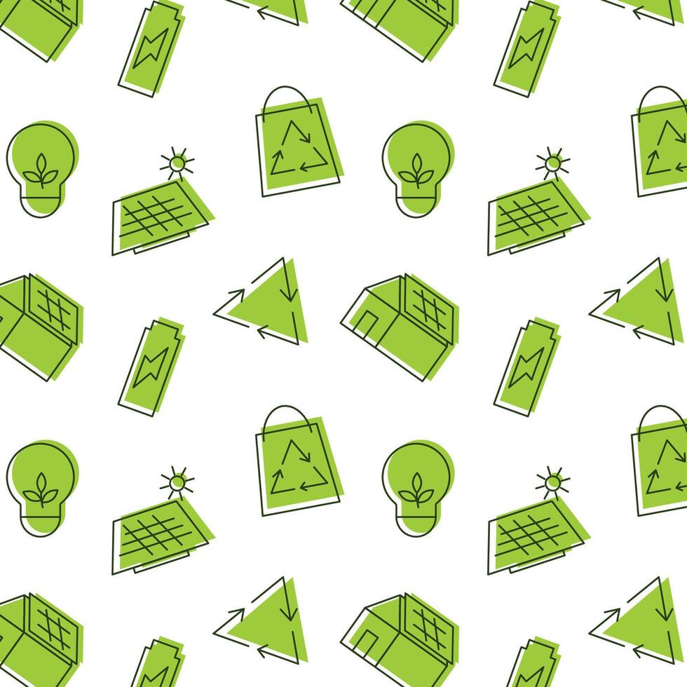 Seamless pattern of environmental symbols, solar panels, light bulbs with leaves, houses with panels, batteries, triangles with a recycling symbol, shopping bags with recycled material. vector