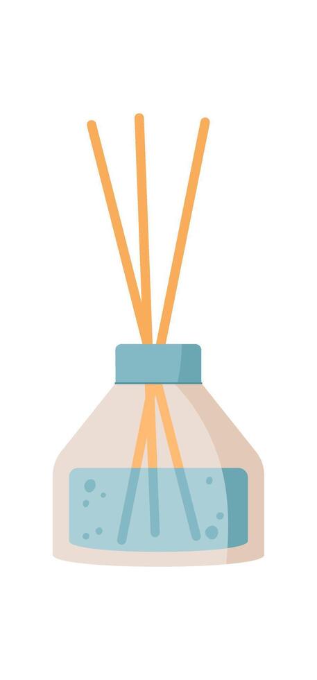 Flat bottle with aroma diffuser and air reeds. Simple cosmetic product for beauty and spa care. Concept of relaxation, hygiene, natural home fragrance. Ideal for wellness lifestyle themes. vector