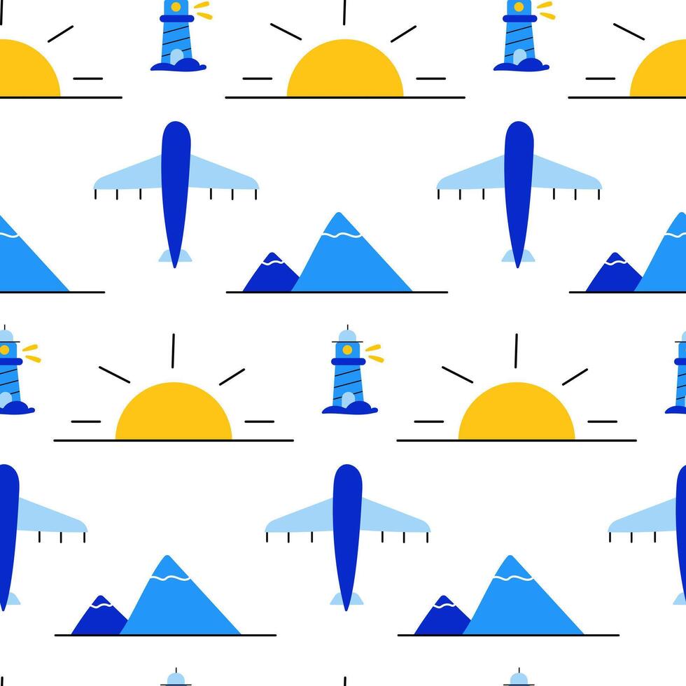 Travel seamless pattern with airplane, sun, mountains and lighthouse. Trip to the sea. vector