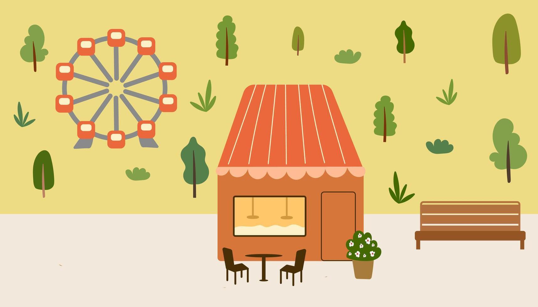 Food shop in park. Outdoor kiosk with red roof. Illustration with street shop and bench near the forest. vector