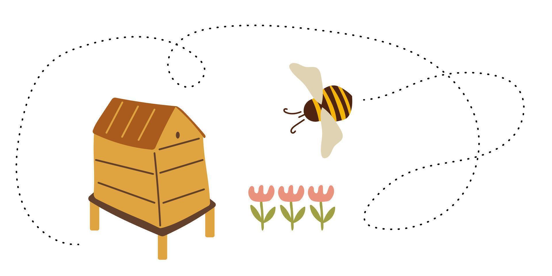Bee is flying from flower to home. Flight of the bee. Summer illustration. Healthy eating. vector