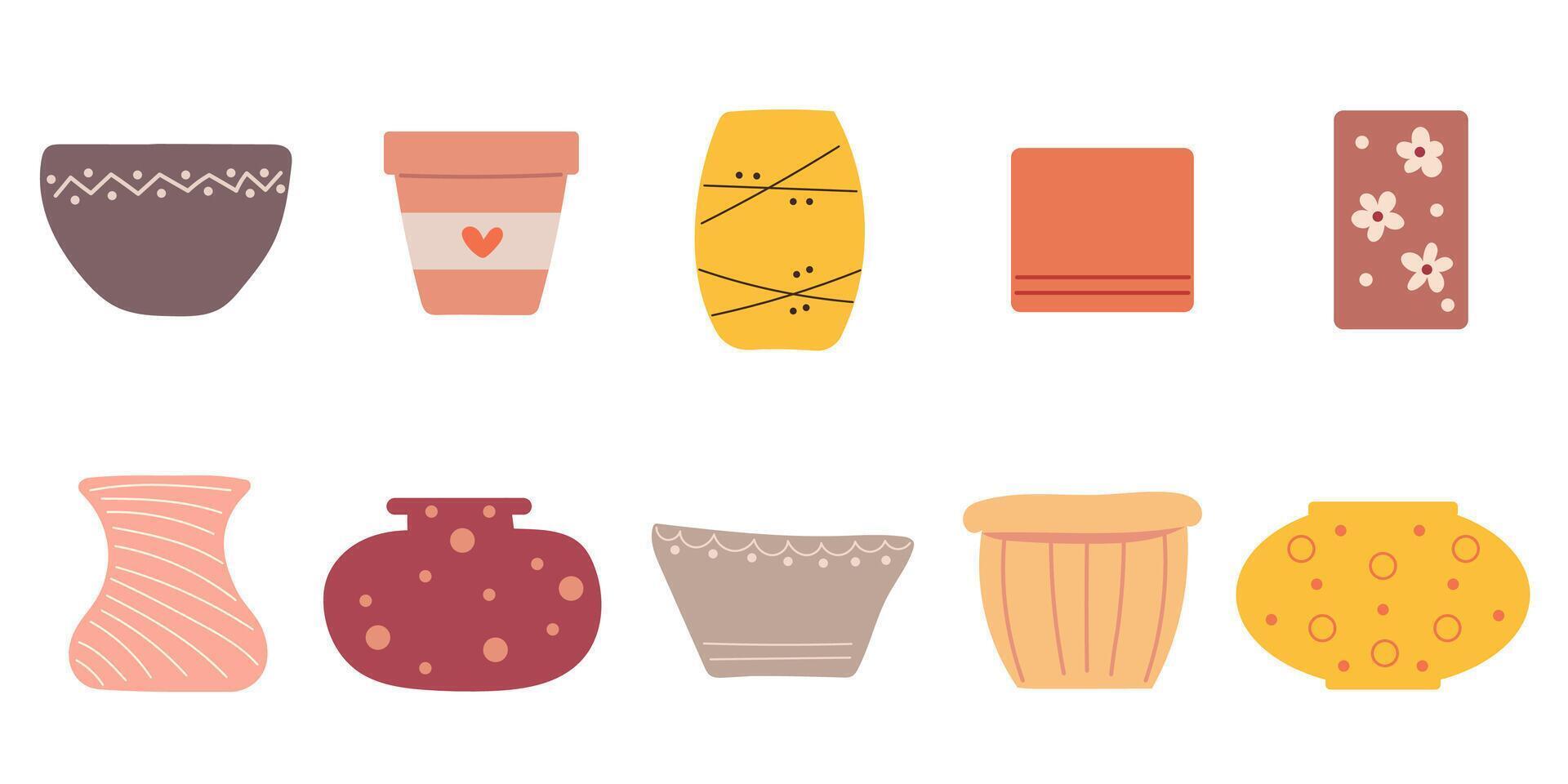Set of hand drawn pots for plants. Collection of pots for flowers. vector
