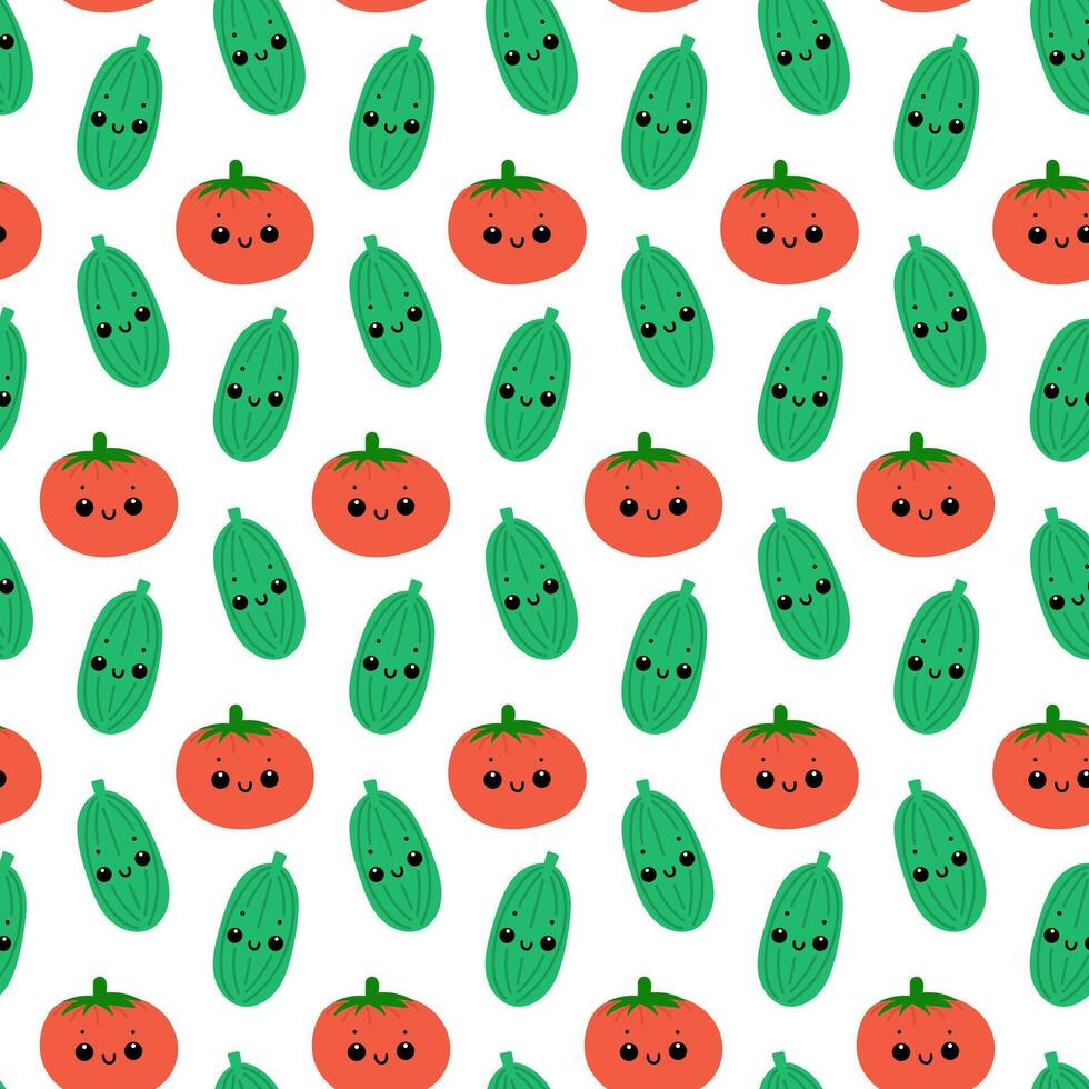 Cucumber and tomato seamless pattern on white background. Cute vegetables with smiling faces. vector