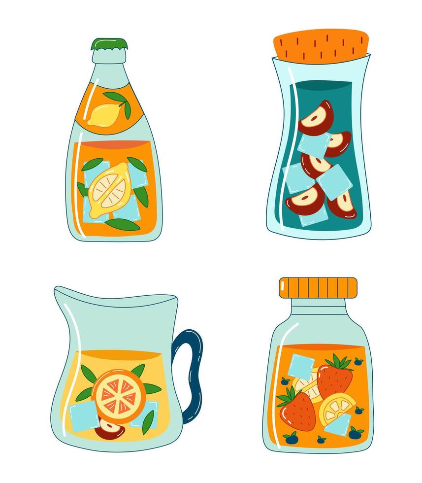 Set of jars and bottles. Lemonade jars collection on white background. Summer illustration. Fruity and fresh drinks. vector