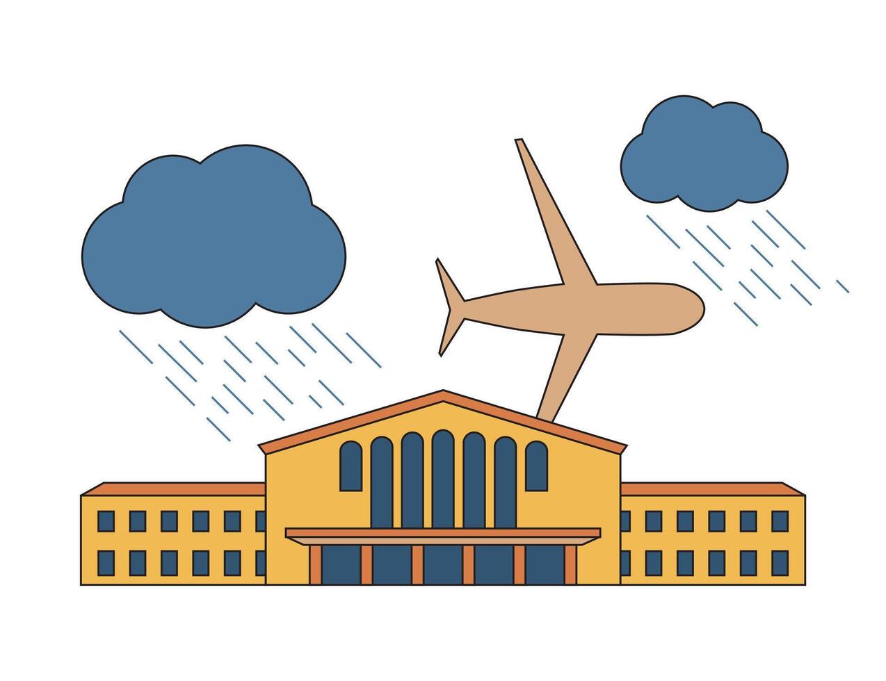 National airport line illustration. Big passenger airplane and airport building. Sky with clouds and rain. Linear modern, trendy banner. Bad weather vector