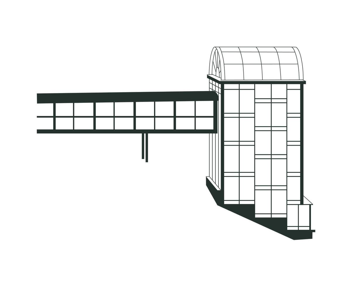 Electro train stop. Train station. Transition, steps, tunnel. Train station building. Black linear icon on white background. vector