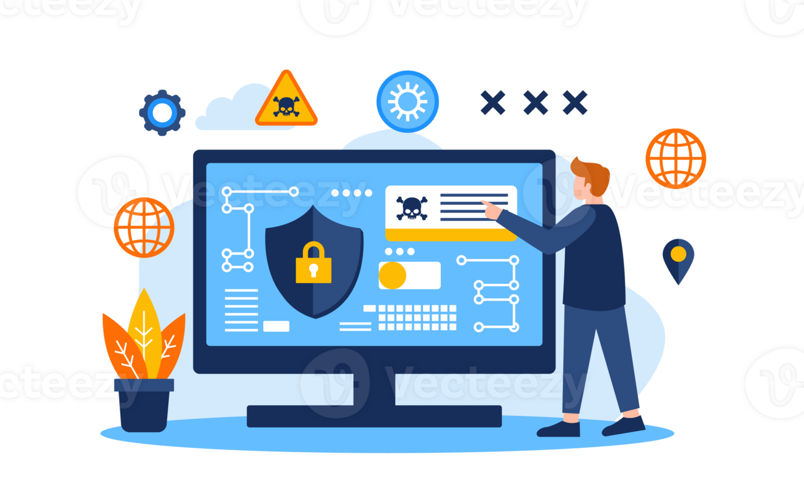 computer shield man Cyber Crime Flat Concept Illustration png