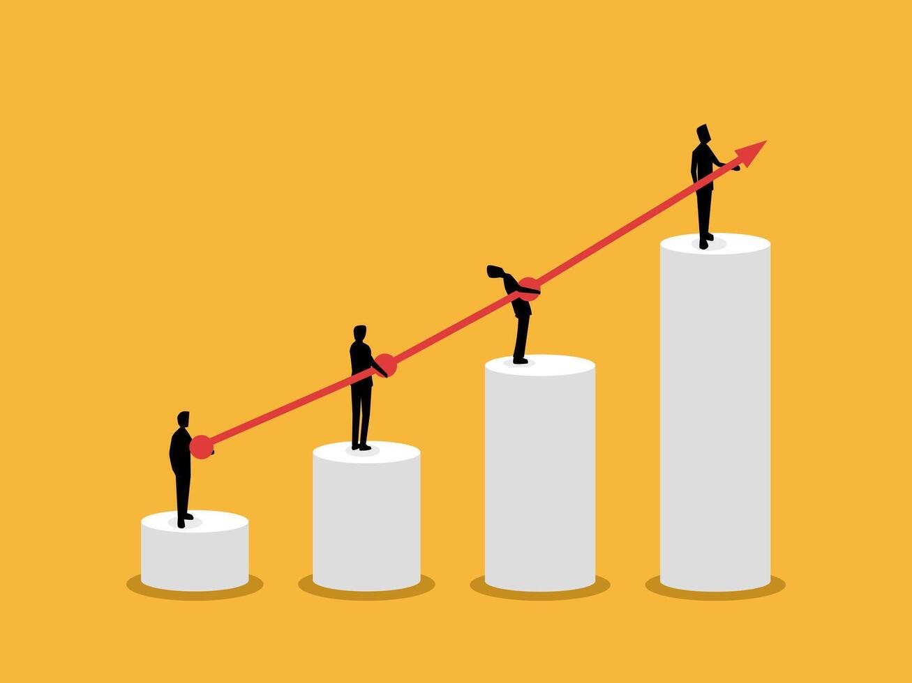 Working as a team increases profits, a group of businessmen holds a growth graph vector