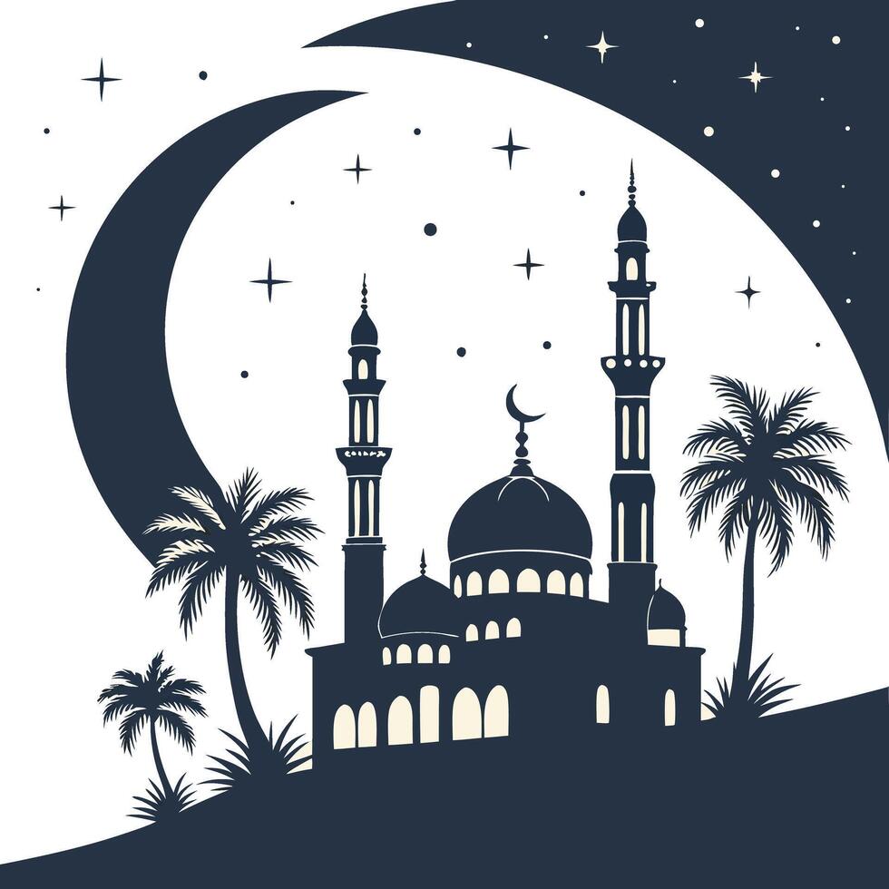mosque night with crescent moon star and palm tree vector