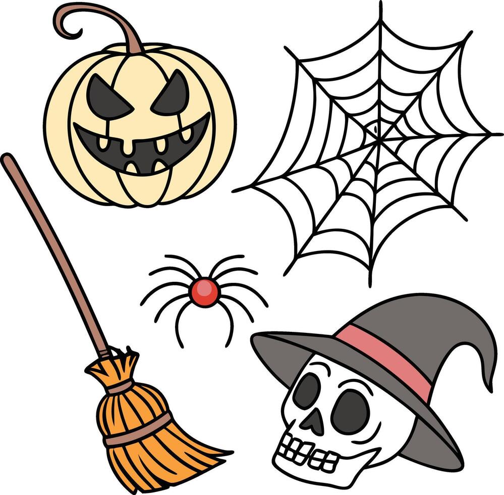 halloween skull spider pumpkin hat broom web set vector