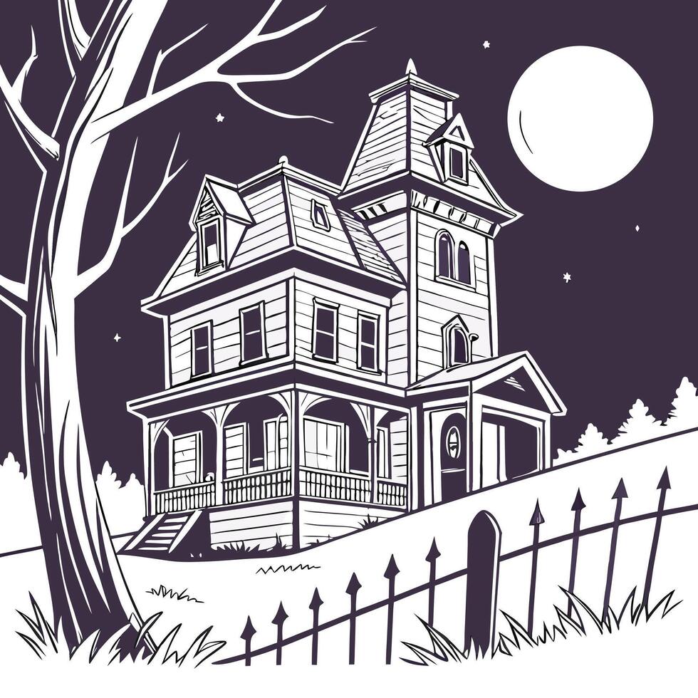 spooky haunted house night scene with full moon sky vector